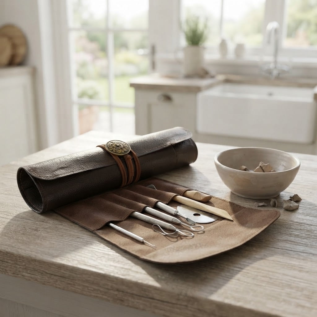 Leather & Felt Pottery Tool Roll, Ceramic Sculpting Tool Organizer Bag for Trimming Tools, Needles & Carving Knives
